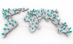 A global map showing the connections of people across many continents.